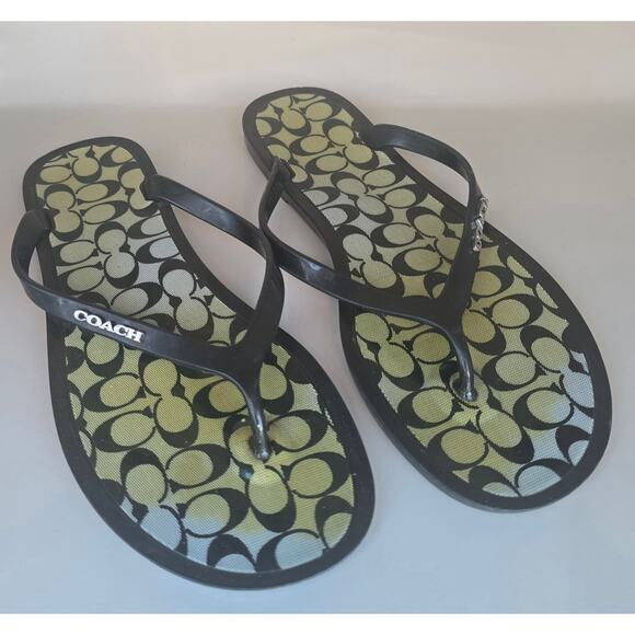 Womens Coach LYRA Black Jelly Embellished Signature Thong Sandals Flip Flops 7B - Picture 1 of 6